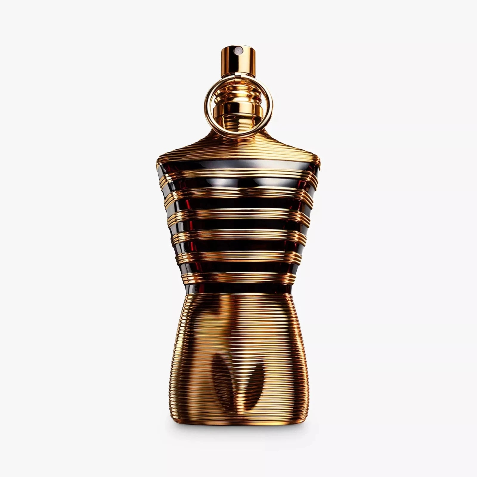 Gold perfume bottle with a white background