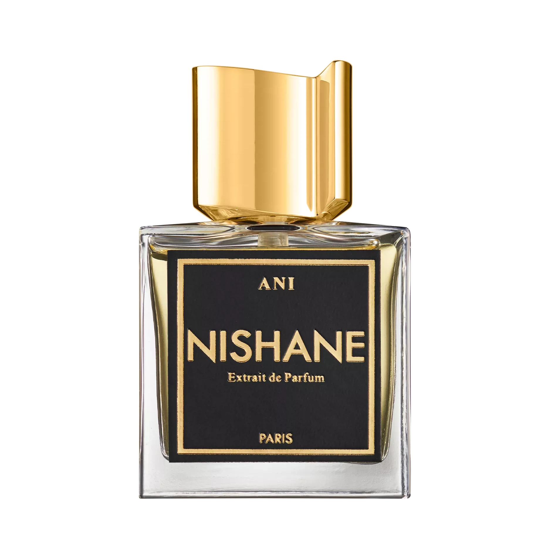 Nishane perfume bottle with gold cap on a white background