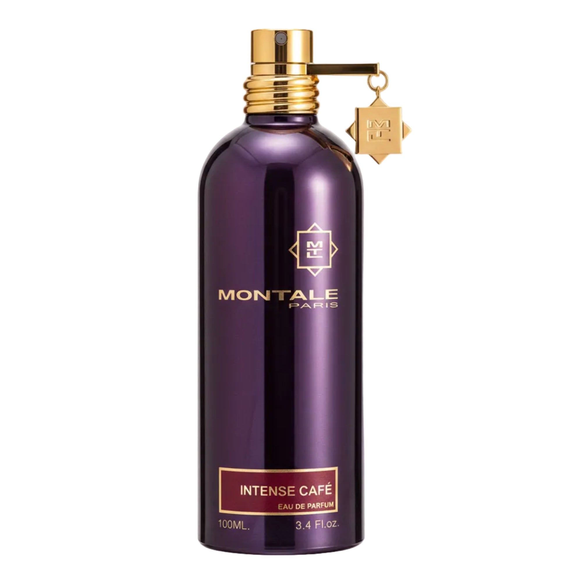 Purple perfume bottle with gold cap and Montale Paris branding on a white background