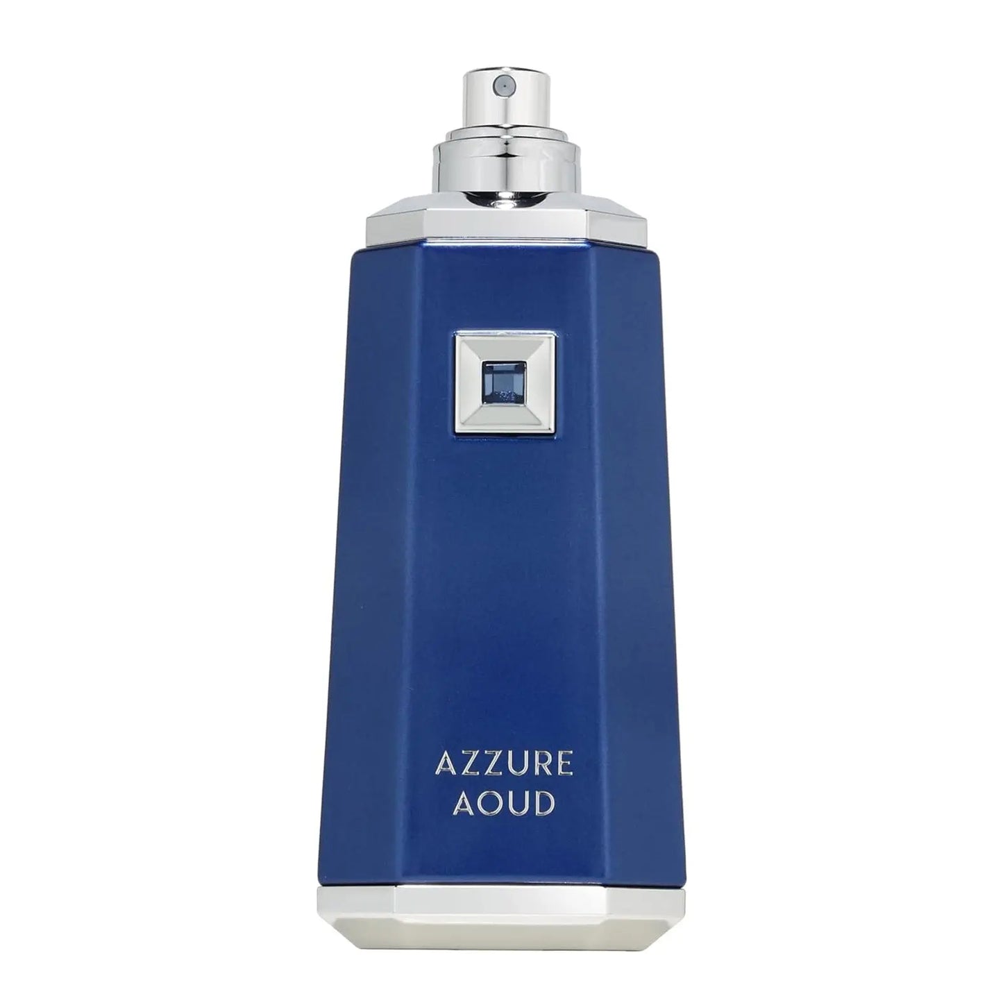 Blue perfume bottle labeled 'Azzure Aoud' on a white background